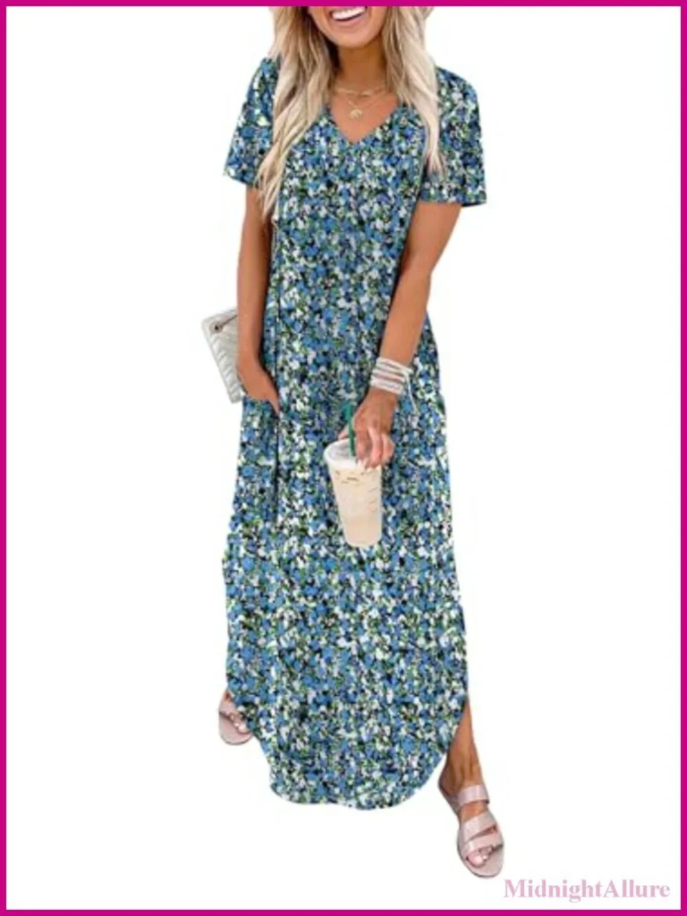 Women's Summer Short Sleeve Maxi Dress with Pockets V-Neck Flowy Vacation Beach